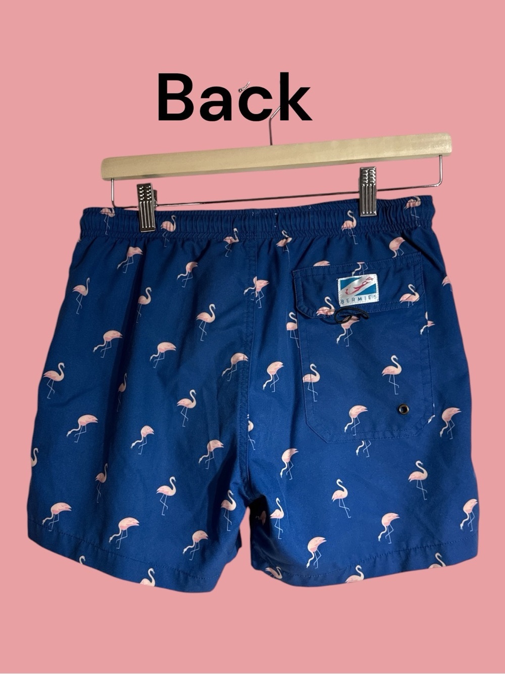 Bermies Men's Blue Pink Flamingo Print Swim Trunks Drawstring Waist Size Small - Picture 3 of 8